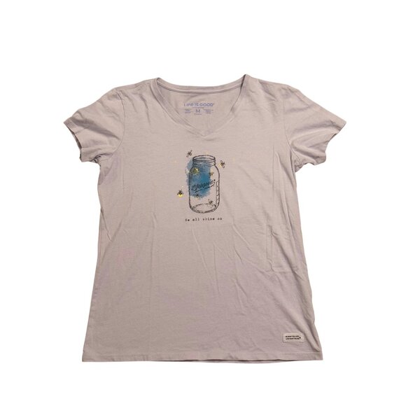 Life Is Good Women's Purple We All Shine On Jar Firefly Vee T-Shirt Top Size M - Picture 1 of 6